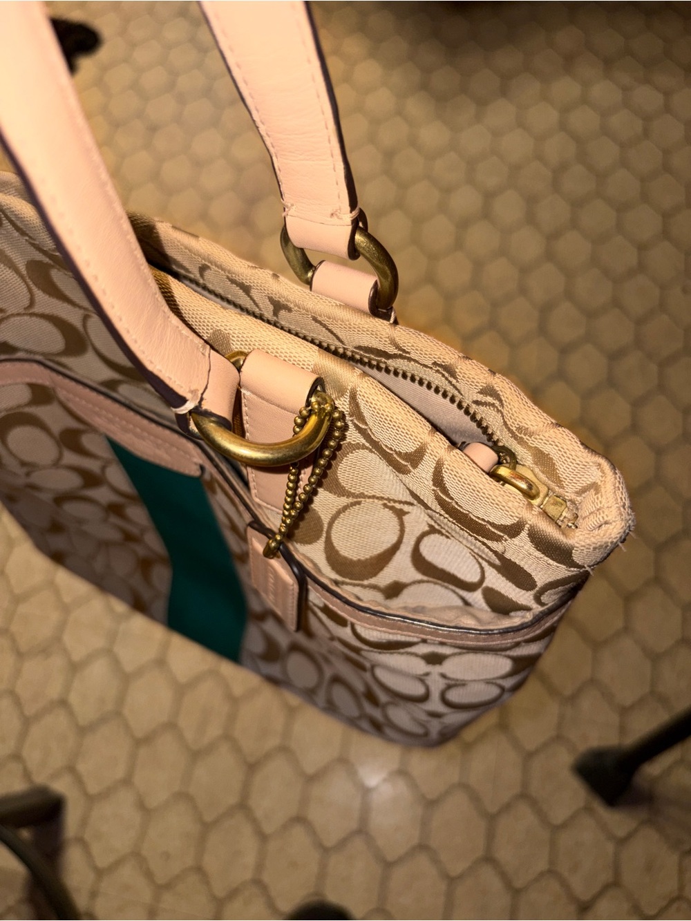 Coach Dempsey Beige Signature Green Stripe Tote Bag, F28504 and Matching Wallet - Picture 5 of 13